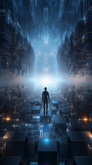 Silhouette of scifi human computer engineer in a computer world. Poster about futuristic virtual cyber server in a quantum world. conceptual art for sci-fi fantasy. Man lost in Dark blue tech maze