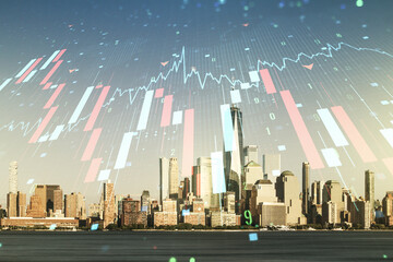 Abstract virtual crisis chart illustration on New York city skyline background. Global crisis and...
