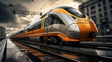 an orange and silver train speeding down the train tracks,