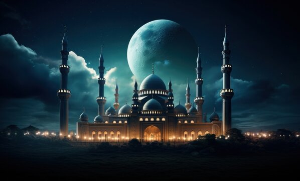 an image with a large mosque and a moon,