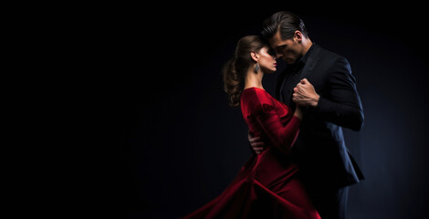 beautiful couple man and woman in red dress dancing tango