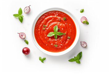 Tomato sauce passata - traditional sauce for italian cuisine on white background - obrazy, fototapety, plakaty