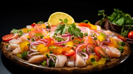 A glistening platter of ceviche, capturing the essence of South America with its zesty flavors and vividly fresh seafood