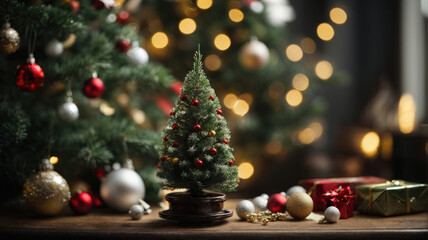 Fototapeta na wymiar small miniature christmas tree with decorations