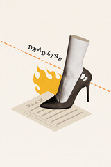 Vertical illustration sketch collage of female bossy footwear stilettos step on paper plan deadline...