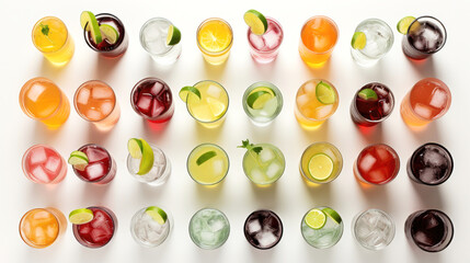 Thirty colorful cocktails lined up on a white backdrop viewed from above. AI generated