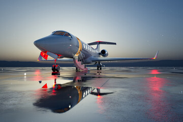 Luxurious Private Jet Poised for Night Departure on Reflective Tarmac - obrazy, fototapety, plakaty