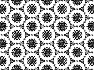 A seamless pattern of black flowers with intricate details like veins and petals, scattered on a crisp white background.