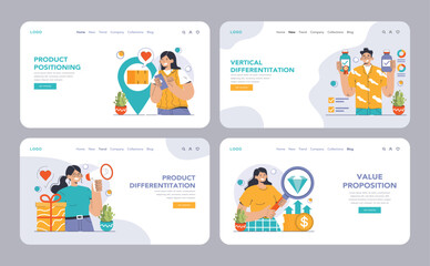 Obraz na płótnie Canvas Product differentiation web or landing set. Product competitive advantages. Price and quality Brand recognition and market niche definition. Flat vector illustration