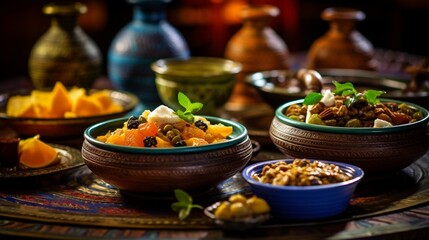 A Moroccan feast, replete with tagines filled with an exotic fusion of spices and fruits, emanating warmth and a tantalizing aroma