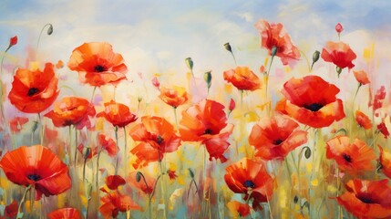 a field of poppies in full bloom, their fiery red petals creating a bold and captivating floral landscape against a clean white background.