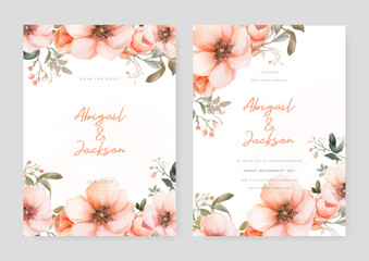 Peach magnolia artistic wedding invitation card template set with flower decorations