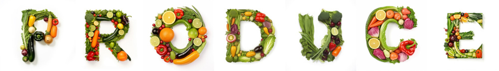 On a white isolated background from the fruit and vegetable alphabet the inscription - PRODUCE