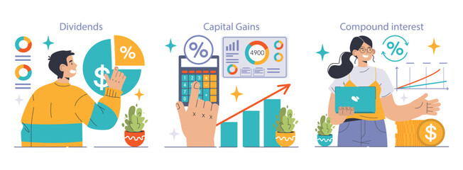Reinvestment set. Investors explore dividends, assess capital gains, and understand compound interest. Money growth strategies. Financial analysis tools. Flat vector illustration - obrazy, fototapety, plakaty