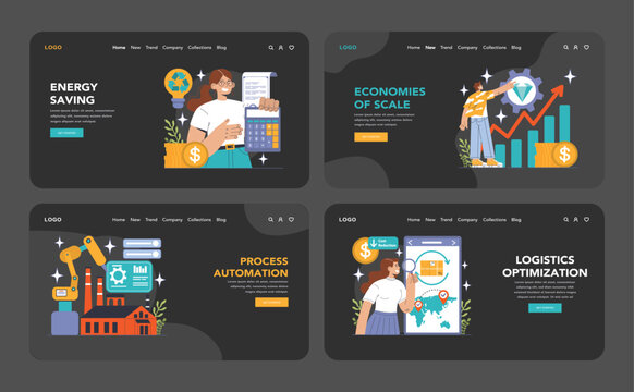 Reducing the cost of production dark or night mode web or landing set. Automatization and effective optimization of manufacturing expense. Balance of costs and income. Flat vector illustration