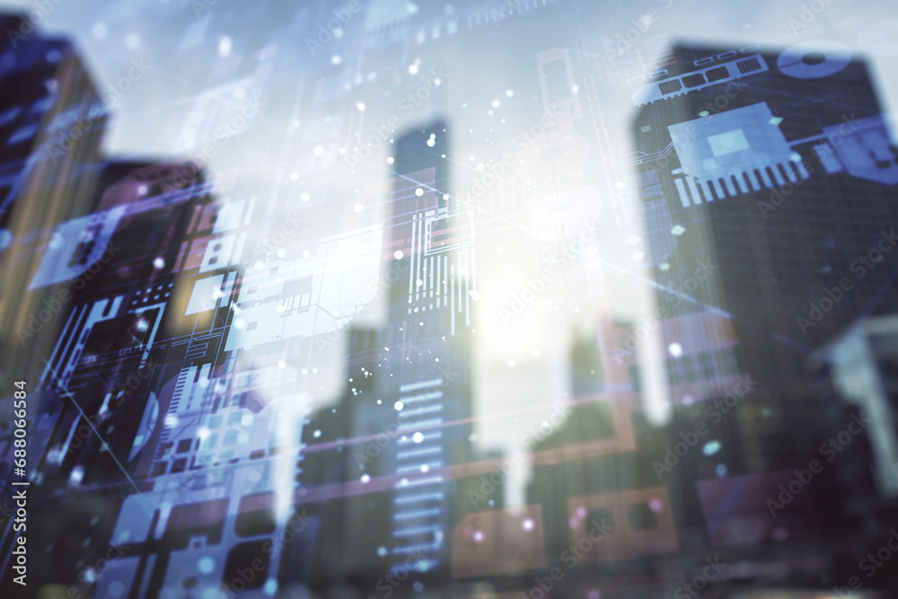 Poster multi exposure of abstract graphic coding sketch on modern architecture background, big data and net