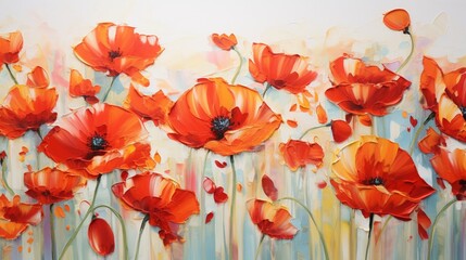 a field of poppies in full bloom, their fiery red petals creating a bold and captivating floral landscape against a clean white background.