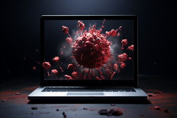 The laptop is infected with a virus, visualization of the virus in the monitor.