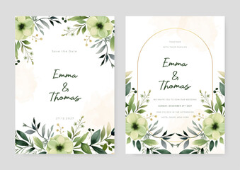 Green cosmos beautiful wedding invitation card template set with flowers and floral