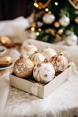 Closeup of open box full of hygge Christmas baubles, white and gold colors, on a table. Christmas decorations.