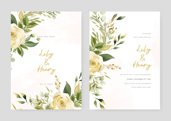 Green rose vector wedding invitation card set template with flowers and leaves watercolor