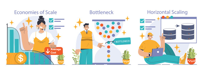 Scaling Strategy concept. Steps to successful business growth, featuring target achievement and efficiency. Business development, market reach, and cost-effective operations. Flat vector illustration