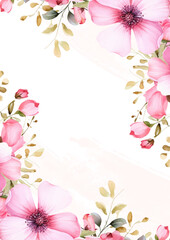 Pink watercolor hand painted background template for Invitation with flora and flower