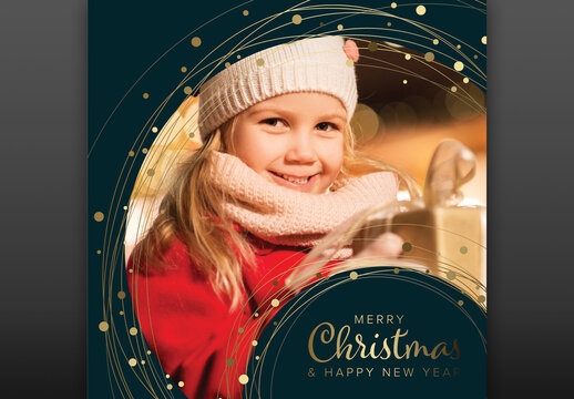 Christmas winter family photo card layout template with dark blue background and golden elements