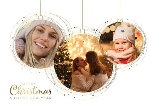 Simple winter family photo card layout template on white background with thre golden circle Christmas decorations