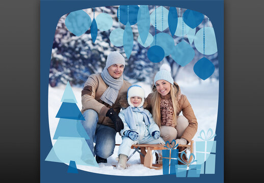 Retro Christmas winter family photo card layout template with retro Christmas elements