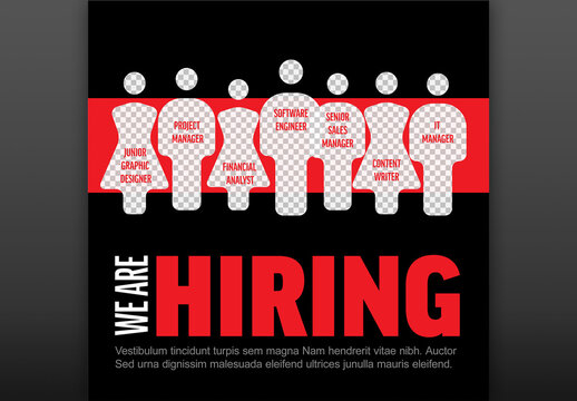 We are hiring minimalistic black red flyer template with position names and transparent placeholder  silhouettes