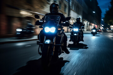Motorcyclists ride at high speed along a city street at night.