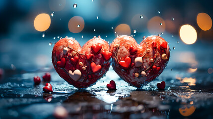 Two glass hearts in water. Valentines day background. Love concept. Generative AI technology.