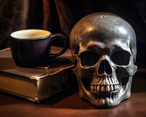 Antique Skull Mug with Cocktail in Festive Gothic Background