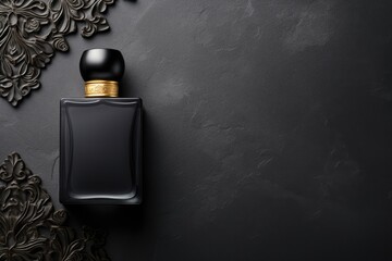 Black Elegance: Perfume Bottle Mockup for Your Fashion and Beauty Products - Top View Isolated on Dark Background - obrazy, fototapety, plakaty