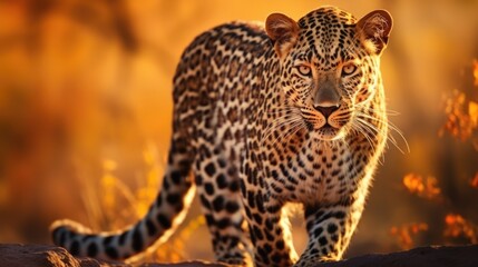 African Leopard in the Wild. Beautiful Female Leopard in Its Natural Habitat During Evening Time in African Safari. Majestic Predator of Africa