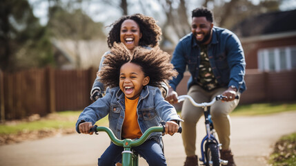 Parents teaching their child to ride a bike in a neighborhood setting, African American Family, bokeh, with copy space