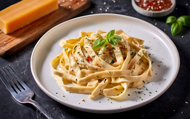 Capture the essence of Fettuccine Alfredo in a mouthwatering food photography shot Generative AI