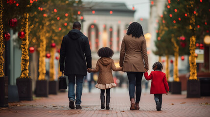 A family of four walking hand in hand down a city street, African American Family, bokeh, with copy space - Powered by Adobe