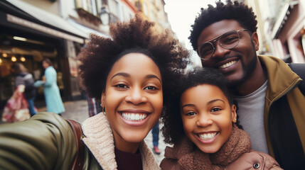 A family taking a selfie during a day out in the city, African American Family, bokeh, with copy space - obrazy, fototapety, plakaty