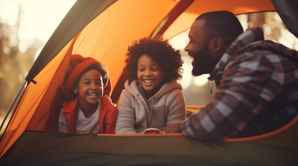 A family moment captured while setting up a tent on a camping trip, African American Family, bokeh, with copy space