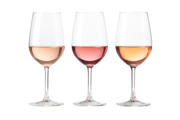 Three wine glasses in a row one with different wines isolated on a cutout PNG transparent background