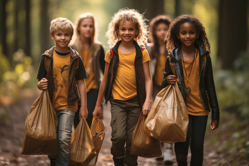 Children of different races walking through the forest with the bags of rubbish they had collected.