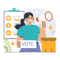 Election. Democratic procedure, citizens choosing political party or candidate by the electoral process. Character checking a ballot on a referendum. Flat vector illustration