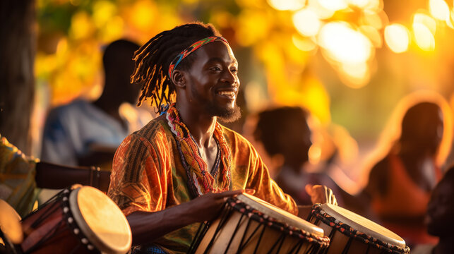 An African drummer playing a traditional drum in a lively setting, African culture, bokeh, with copy space