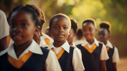 A group of African children in school uniforms, representing education, African culture, bokeh,...