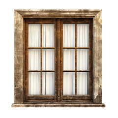 Old wooden window with curtains, cut out