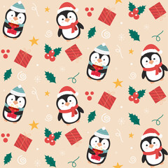 Seamless Christmas pattern with cute penguins. Ideal For Textile, Wallpaper, Fabric Prints or Wrapping Paper