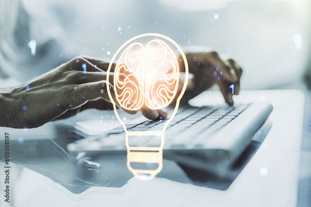 Poster Creative light bulb with human brain hologram and with hands typing on computer keyboard on background, artificial Intelligence and neural networks concept. Multiexposure