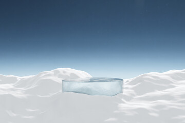 3d render platform and Natural winter background, Ice podium on  snow ground for product display, advertising, mockup or etc